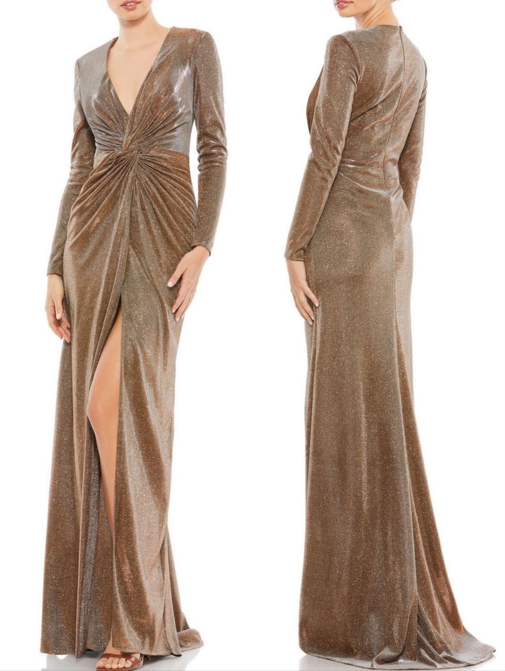 Ieena for Mac Duggal 261941 Metallic Bronze Gold V-Neck Long Sleeve Gown 2 NWT